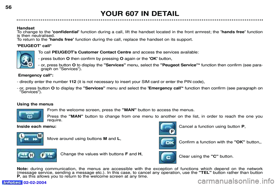 PEUGEOT 607 2004  Owners Manual 02-02-2004
Handset 
To change to the confidential function during a call, lift the handset located in the front armrest; the  hands freefunction
is then neutralised.
To return to the  hands free