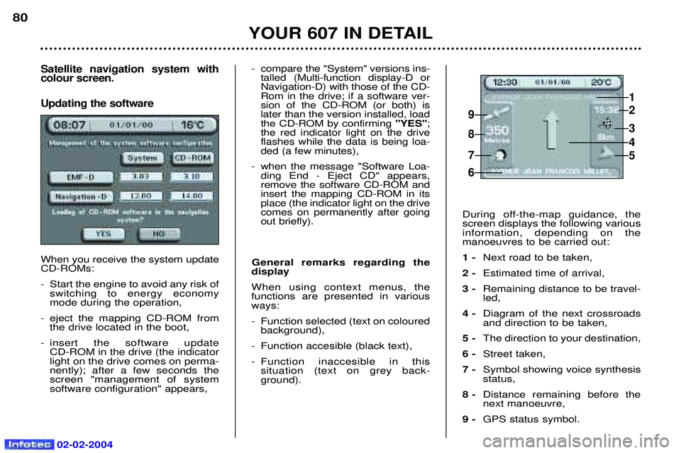 PEUGEOT 607 2004 Manual PDF 02-02-2004
Satellite navigation system with colour screen. Updating the software
When you receive the system update CD-ROMs:
- Start the engine to avoid any risk ofswitching to energy economy mode du PEUGEOT 607 2004 Manual PDF 02-02-2004
Satellite navigation system with colour screen. Updating the software
When you receive the system update CD-ROMs:
- Start the engine to avoid any risk ofswitching to energy economy mode du