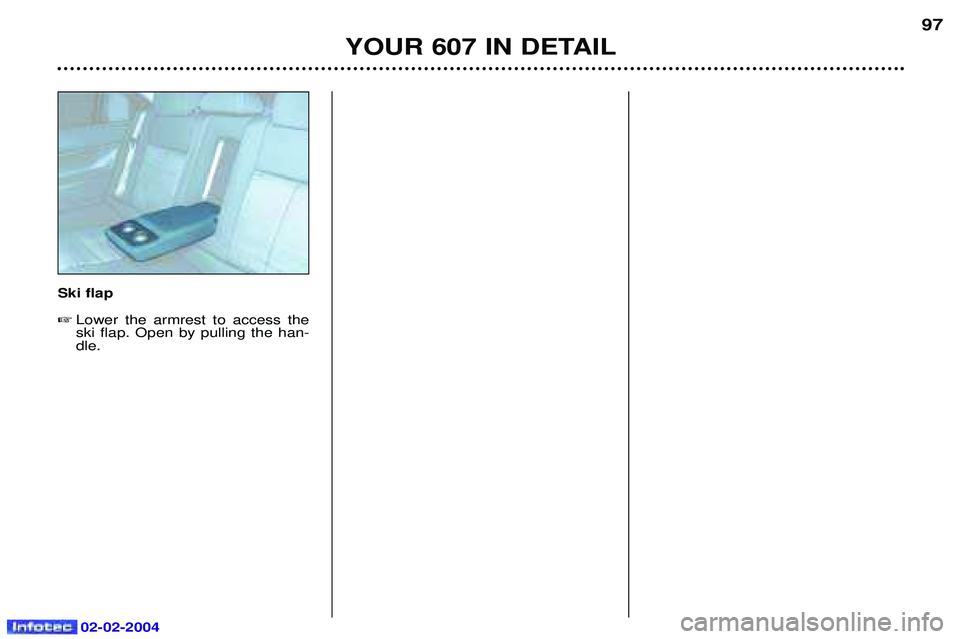 PEUGEOT 607 2004  Owners Manual 02-02-2004
YOUR 607 IN DETAIL97
Ski flap
 Lower the armrest to access the ski flap. Open by pulling the han-dle.  
