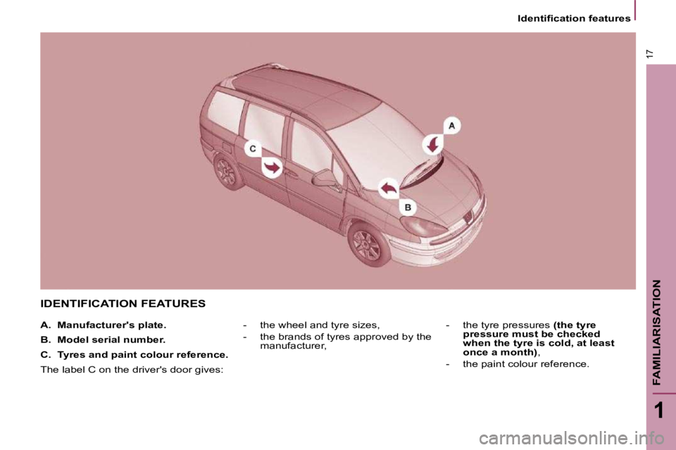 PEUGEOT 807 2010 User Guide 17
1
FAMILIARISATION
� � � �I�d�e�n�t�i�ﬁ� �c�a�t�i�o�n� �f�e�a�t�u�r�e�s� � � 
 IDENTIFICATION FEATURES 
   -   the wheel and tyre sizes,  
  -   the brands of tyres approved by the manufacturer,  