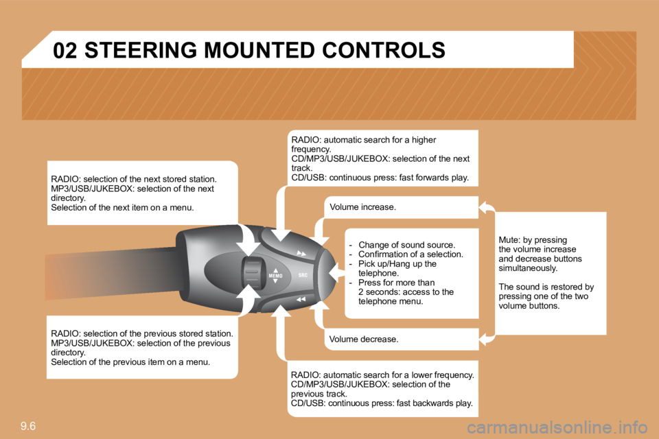 PEUGEOT 807 2010  Owners Manual 9.6 
�0�2 STEERING MOUNTED CONTROLS 
  RADIO: selection of the next stored station.  MP3/USB/JUKEBOX: selection of the next directory.  Selection of the next item on a menu.  
  RADIO: selection of th
