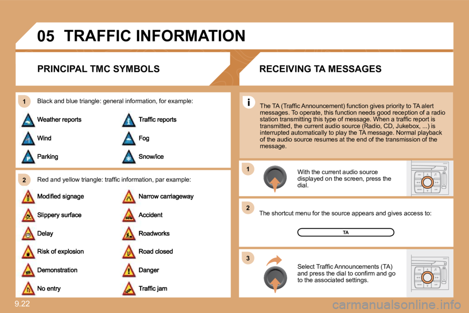 PEUGEOT 807 2010  Owners Manual 9.22 
�0�5
�2
1
�3
�2
1
 TRAFFIC INFORMATION 
PRINCIPAL TMC SYMBOLS 
� � �R�e�d� �a�n�d� �y�e�l�l�o�w� �t�r�i�a�n�g�l�e�:� �t�r�a�f�ﬁ� �c� �i�n�f�o�r�m�a�t�i�o�n�,� �p�a�r
� �e�x�a�m�p�l�e�:� 
  Bla
