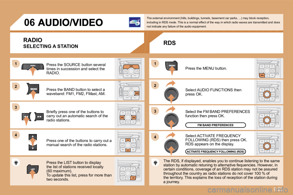 PEUGEOT 807 2010  Owners Manual 9.23
11
�2�2
�3�3
�4�4
11
�2�2
�3�3
�4�4
�0�6
  RADIO 
 SELECTING A STATION 
  Press the SOURCE button several times in succession and select the RADIO.  
  Press the BAND button to select a waveband: