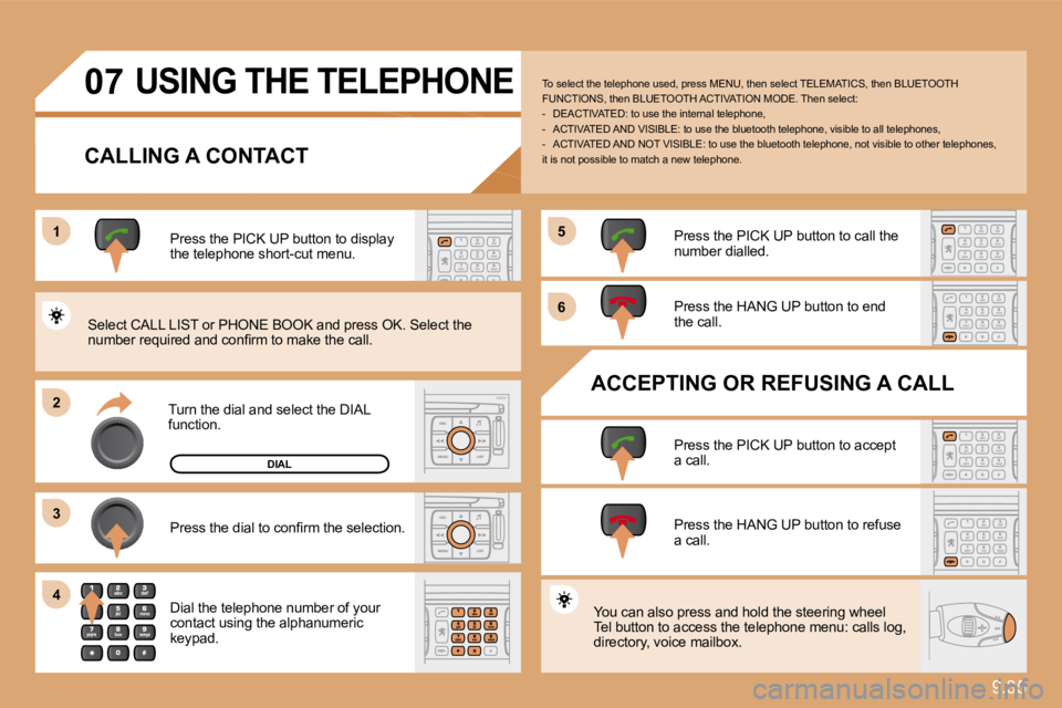 PEUGEOT 807 2010  Owners Manual 9.35
1
�2�2
�3�3
�5�5
�6�6
�4�4
�0�7 USING THE TELEPHONE 
  CALLING A CONTACT 
  Turn the dial and select the DIAL function.  
  Press the PICK UP button to display the telephone short-cut menu.  
� �