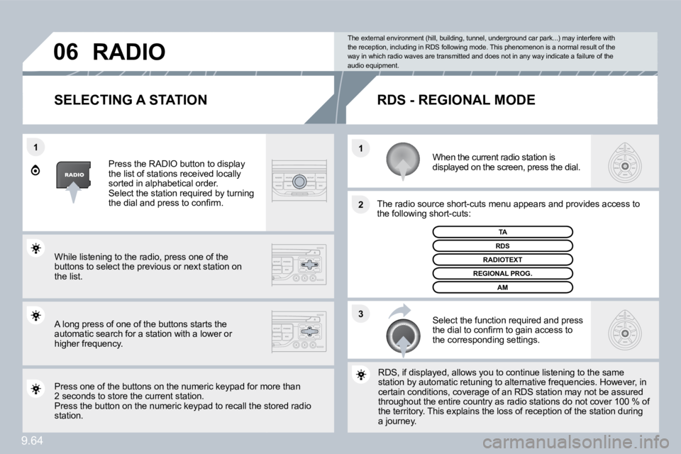PEUGEOT 807 2010  Owners Manual 9.64
�3
�2
�1
�1
�0�6
�S�E�L�E�C�T�I�N�G� �A� �S�T�A�T�I�O�N� 
  When the current radio station is displayed on the screen, press the dial.  
  The radio source short-cuts menu appears and prov
idesov