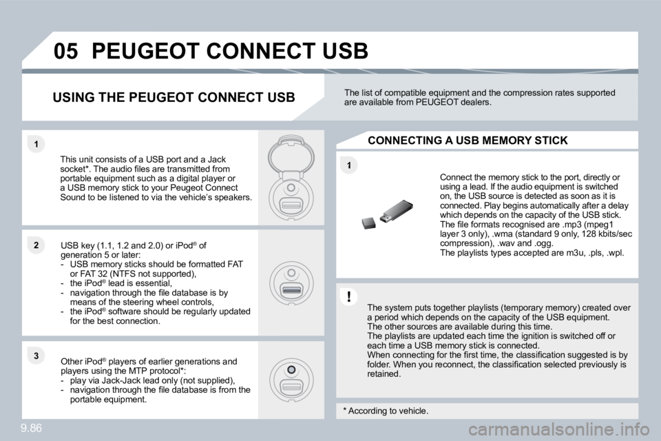 PEUGEOT 807 2010  Owners Manual 9.86
�1
�1�1
�2�2
�3�3
�0�5� �P�E�U�G�E�O�T� �C�O�N�N�E�C�T� �U�S�B� 
� � �T�h�e� �s�y�s�t�e�m� �p�u�t�s� �t�o�g�e�t�h�e�r� �p�l�a�y�l�i�s�t�s� �(�t�e�m�p�o�r�a�r�y� �m�e�m�o�r�y�)� �c�r�e�a�t�e�d� �o