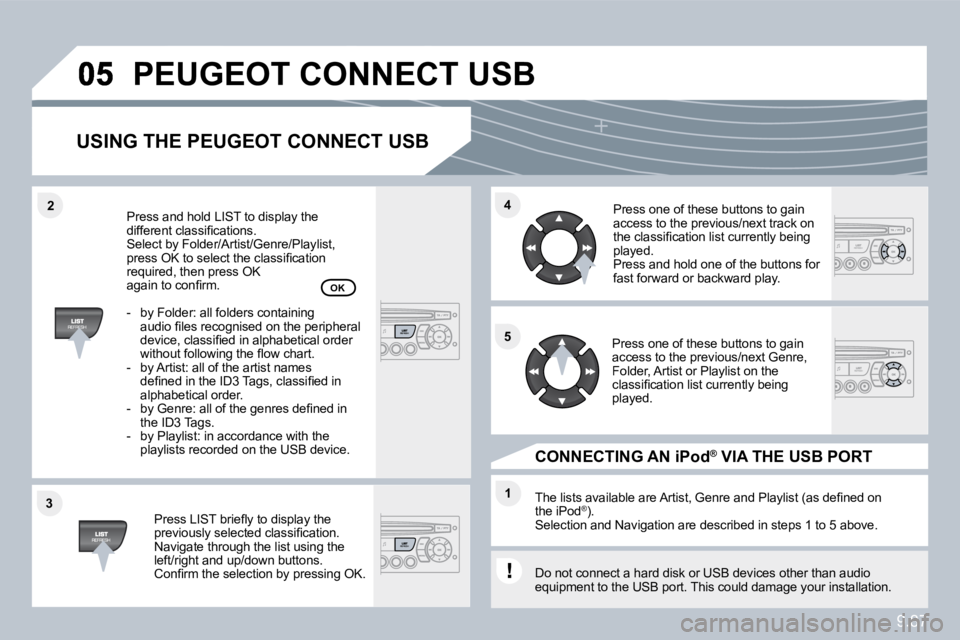 PEUGEOT 807 2010  Owners Manual 9.87
�3�3
�4�4
�1�1
�5�5
�2�2
� �P�E�U�G�E�O�T� �C�O�N�N�E�C�T� �U�S�B� 
� � �U�S�I�N�G� �T�H�E� �P�E�U�G�E�O�T� �C�O�N�N�E�C�T� �U�S�B� 
� � �P�r�e�s�s� �L�I�S�T� �b�r�i�e�ﬂ� �y� �t�o� �d�i�s�p�l�a