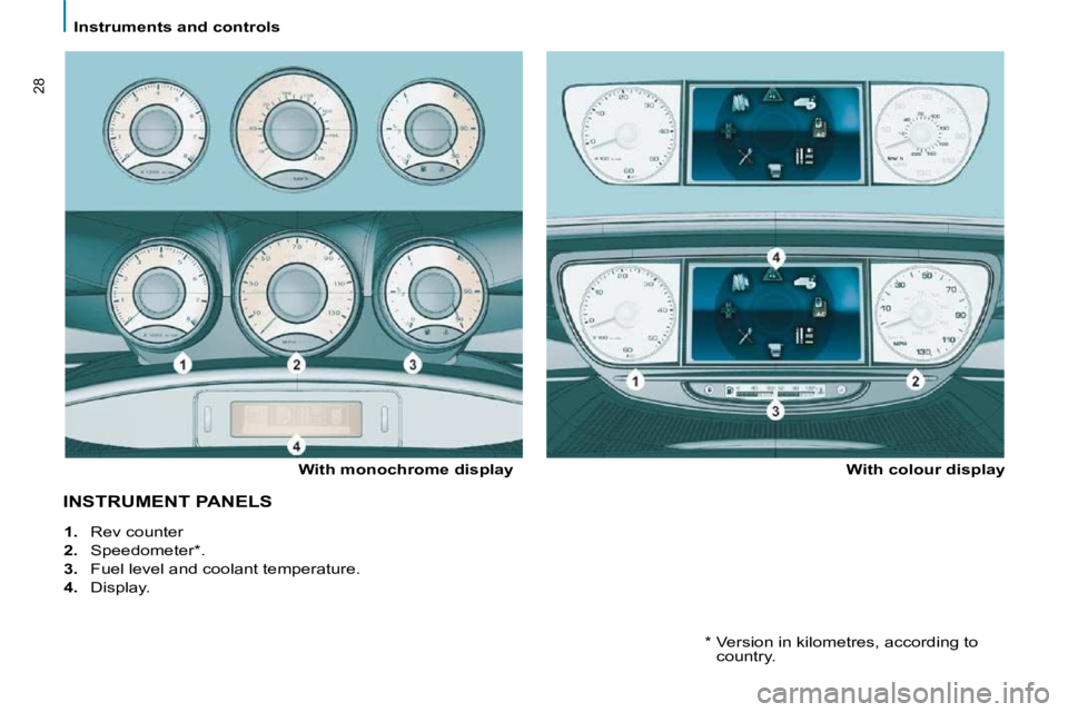 PEUGEOT 807 2010 Owners Manual    Instruments and controls   
28
 INSTRUMENT PANELS  
  With monochrome display    With colour display 
   
1.    Rev counter 
  
2.    Speedometer * . 
  
3.    Fuel level and coolant temperature. 
