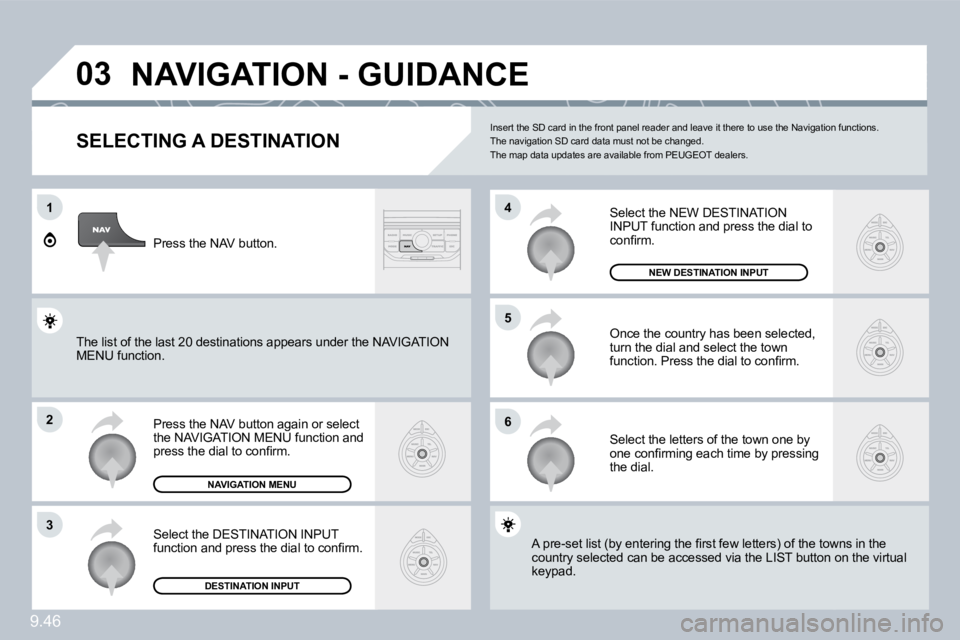 PEUGEOT 807 2009  Owners Manual 9.46
�0�3
1
�2
�3
�6
�5
�4
� �N�A�V�I�G�A�T�I�O�N� �-� �G�U�I�D�A�N�C�E� 
  SELECTING A DESTINATION 
� �P�r�e�s�s� �t�h�e� �N�A�V� �b�u�t�t�o�n� �a�g�a�i�n� �o�r� �s�e�l�e�c�t� �t�h�e� �N�A�V�I�G�A�T�