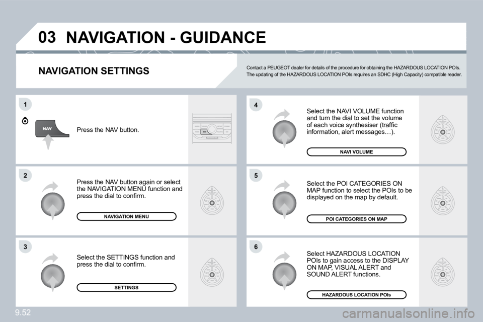 PEUGEOT 807 2009  Owners Manual 9.52
�0�3
�6
�4
�5
1
�2
�3
� � �N�A�V�I�G�A�T�I�O�N� �S�E�T�T�I�N�G�S� 
� �S�e�l�e�c�t� �t�h�e� �N�A�V�I� �V�O�L�U�M�E� �f�u�n�c�t�i�o�n� and turn the dial to set the volume �o�f� �e�a�c�h� �v�o�i�c�e
