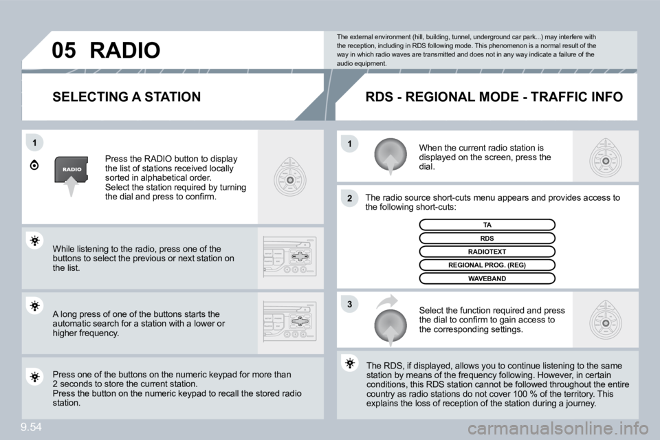 PEUGEOT 807 2009  Owners Manual 9.54
11
�2
�3
�0�5
  SELECTING A STATION 
 When the current radio station is displayed on the screen, press the dial. 
 The radio source short-cuts menu appears and providesovides access to �t�h�e� �f