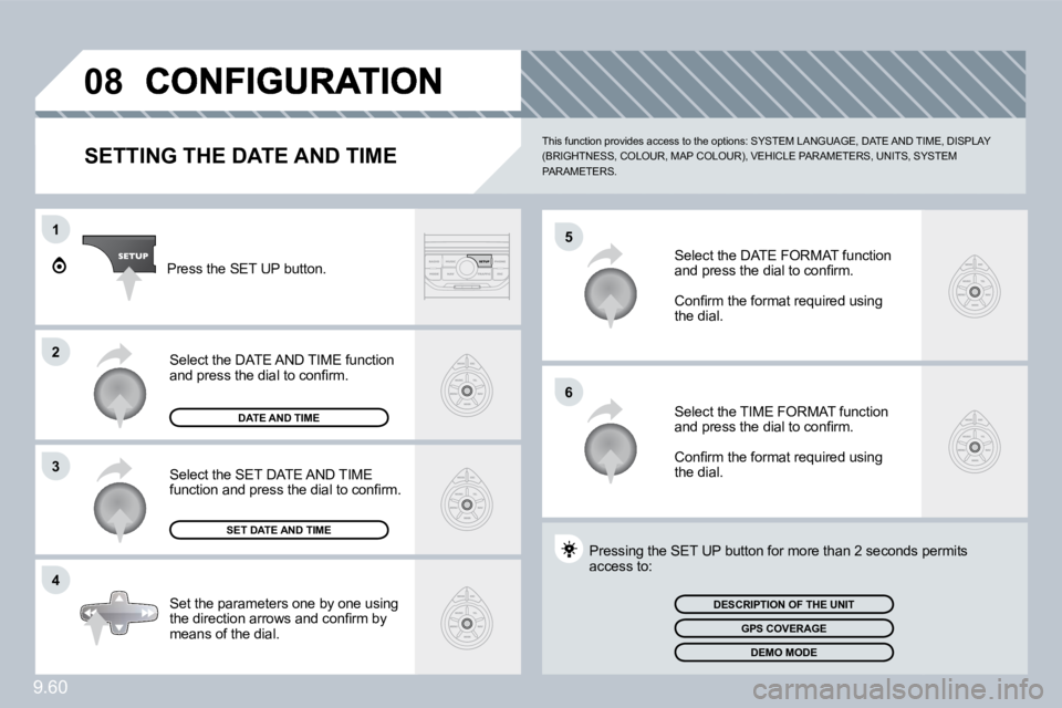 PEUGEOT 807 2009  Owners Manual 9.60
�0�8
�5
�6
1
�2
�3
�4
  SETTING THE DATE AND TIME 
� �T�h�i�s� �f�u�n�c�t�i�o�n� �p�r�o�v�i�d�e�s� �a�c�c�e�s�s� �t�o� �t�h�e� �o�p�t�i�o�n�s�:� �S�Y�S�T�E�M� �L�A�N�G�U�A�G�E�,� �D�A�T�E� �A�N�D