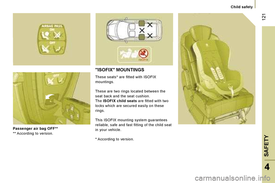 PEUGEOT 807 2006  Owners Manual �C�h�i�l�d� �s�a�f�e�t�y
�P�a�s�s�e�n�g�e�r� �a�i�r� �b�a�g� �O�F�F�*�* 
�*�*� �A�c�c�o�r�d�i�n�g� �t�o� �v�e�r�s�i�o�n�.
�"�I�S�O�F�I�X�"� �M�O�U�N�T�I�N�G�S� 
�T�h�e�s�e� �s�e�a�t�s�*� �a�r�