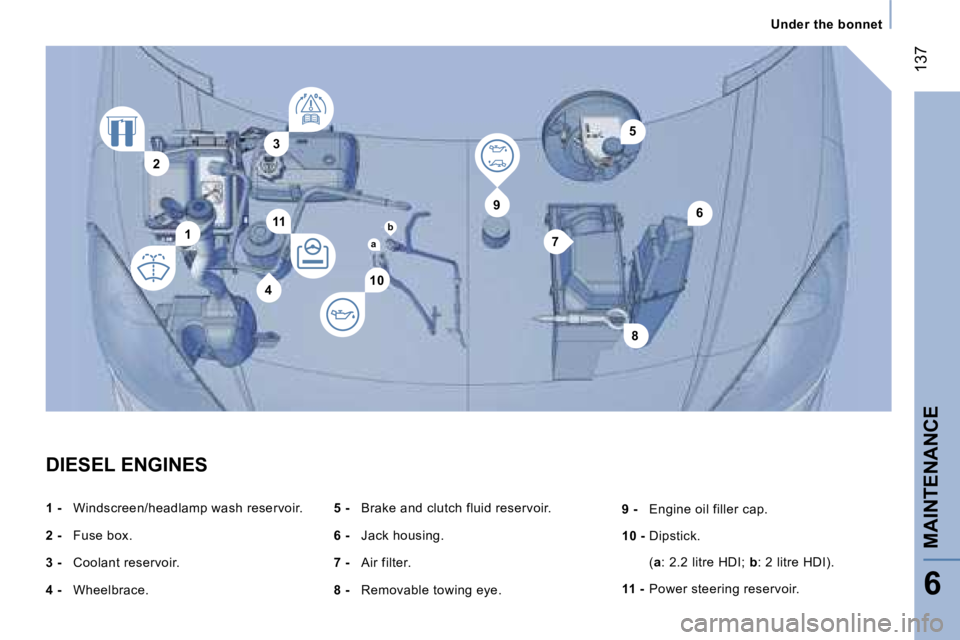 PEUGEOT 807 2006  Owners Manual �1
�2
�5
�6
�7
�8
�1�0
�9
�1�1
�3
�4
�a
�b�U�n�d�e�r� �t�h�e� �b�o�n�n�e�t
�D�I�E�S�E�L� �E�N�G�I�N�E�S 
�1 � �- �  �W�i�n�d�s�c�r�e�e�n�/�h�e�a�d�l�a�m�p� �w�a�s�h� �r�e�s�e�r�v�o�i�r�. � 
�2� �-�  �