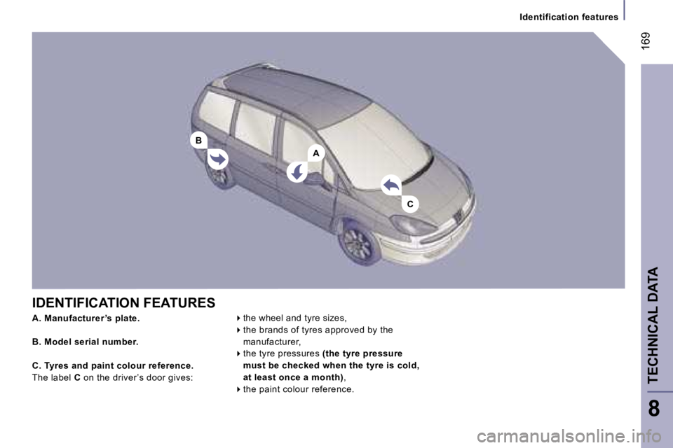 PEUGEOT 807 2006  Owners Manual �A
�B
�C
�I�D�E�N�T�I�F�I�C�A�T�I�O�N� �F�E�A�T�U�R�E�S ��t�h�e� �w�h�e�e�l� �a�n�d� �t�y�r�e� �s�i�z�e�s�,
� �t�h�e� �b�r�a�n�d�s� �o�f� �t�y�r�e�s� �a�p�p�r�o�v�e�d� �b�y� �t�h�e� 
�m�a�n�u�f�