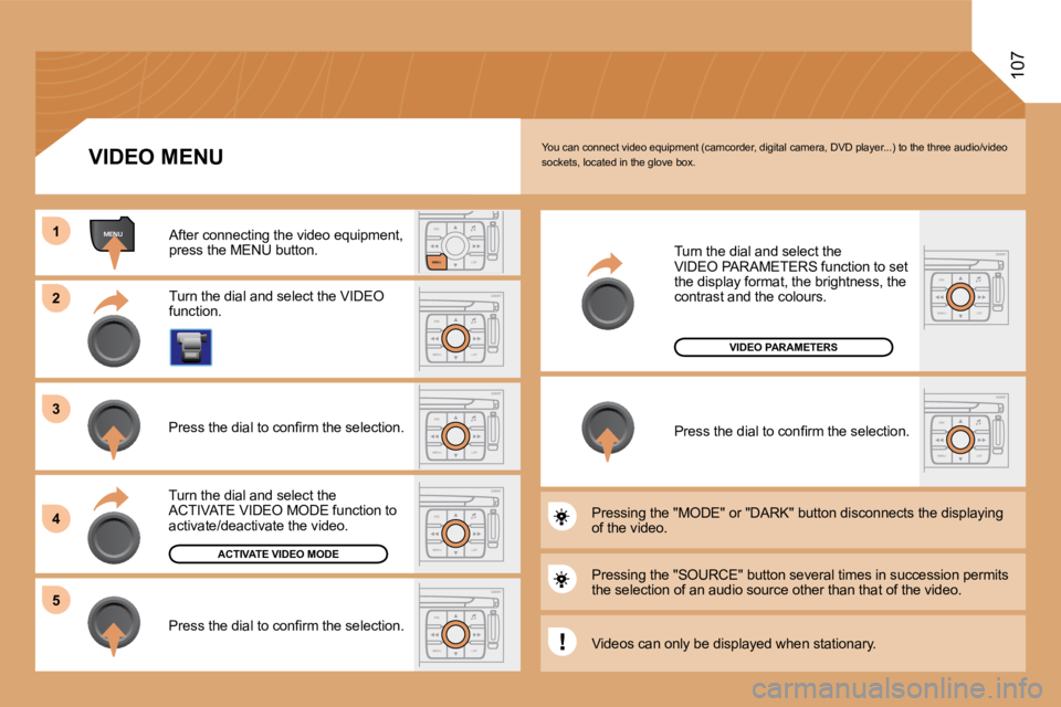 PEUGEOT 807 2008  Owners Manual ESC
MENU LIST
MENUESC
LIST
MENU
1 
�2
ESC
MENU LIST
ESC
MENU LIST
�3
4
ESC
MENU LIST�5
ESC
MENU LIST
ESC
MENU LIST
�1�0�7
You can connect video equipment (camcorder, digital  camera, DVD player...) to