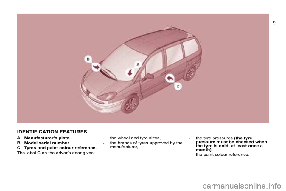 PEUGEOT 807 2008  Owners Manual 17
IDENTIFICATION FEATURES
-  the wheel and tyre sizes, 
-  the brands of tyres approved by the manufacturer, -  the tyre pressures 
(the tyre 
pressure must be checked when  
the tyre is cold, at lea