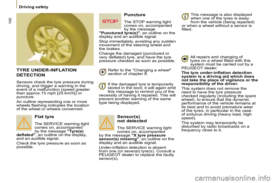 PEUGEOT 807 2008  Owners Manual 140
Driving safety
TYRE UNDER-INFLATION   
DETECTION
Sensors check the tyre pressure during  
driving, and trigger a warning in the 
event of a malfunction (speed greater 
than approx.15 mph [25 km/h]