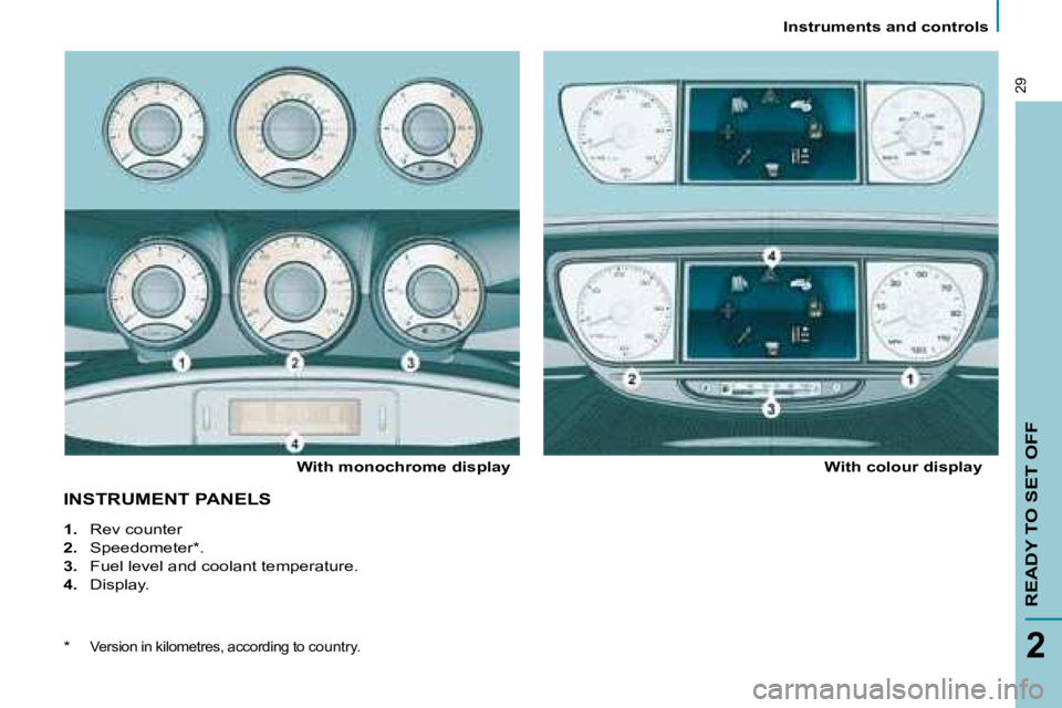 PEUGEOT 807 2008 Owners Manual Instruments and controls
READY TO SET OFF
2
29
INSTRUMENT PANELS
With monochrome displayWith colour display
1. �  �R�e�v� �c�o�u�n�t�e�r
2. �  �S�p�e�e�d�o�m�e�t�e�r�*�.
3. �  �F�u�e�l� �l�e�v�e�l� �a