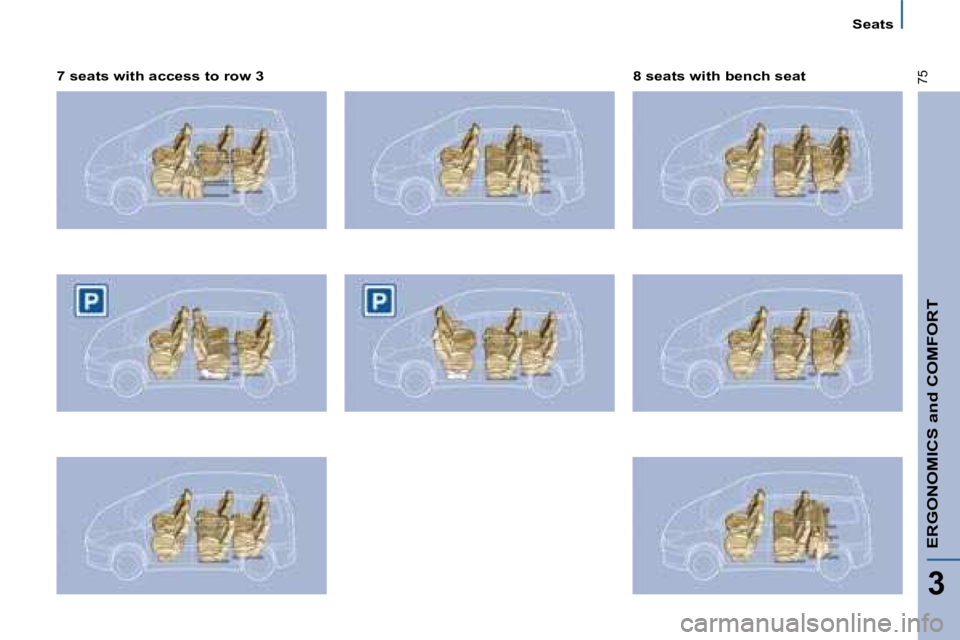 PEUGEOT 807 2008 Manual PDF ERGONOMICS and COMFORT
3
75
Seats
7 seats with access to row 38 seats with bench seat         