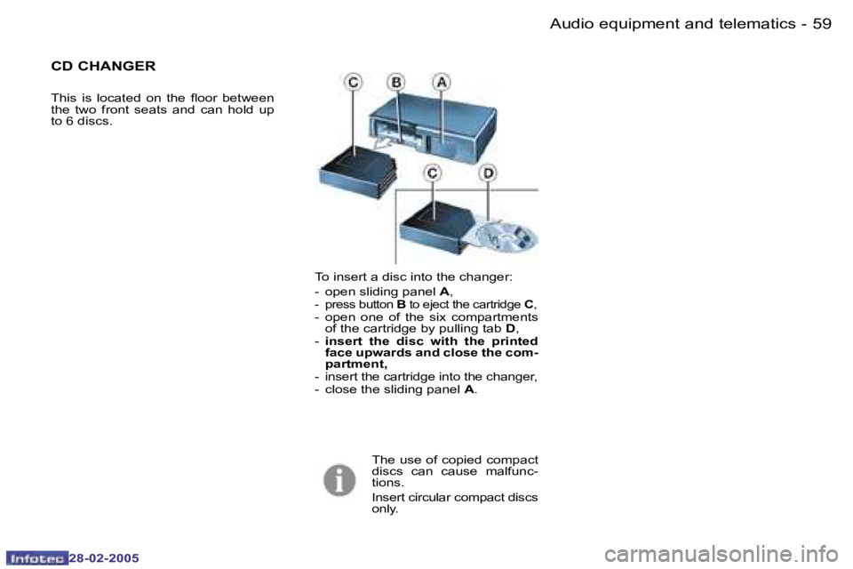 PEUGEOT 807 2005 Workshop Manual �5�8 �-
�2�8�-�0�2�-�2�0�0�5
�5�9
�-
�2�8�-�0�2�-�2�0�0�5
�T�o� �i�n�s�e�r�t� �a� �d�i�s�c� �i�n�t�o� �t�h�e� �c�h�a�n�g�e�r�: 
�-�  �o�p�e�n� �s�l�i�d�i�n�g� �p�a�n�e�l�  �A�,
�-�  �p�r�e�s�s� �b�u�t