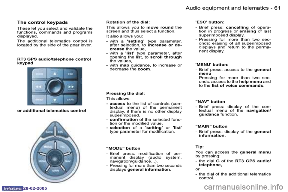 PEUGEOT 807 2005 Workshop Manual �6�0 �-
�2�8�-�0�2�-�2�0�0�5
�6�1
�-
�2�8�-�0�2�-�2�0�0�5
�R�T�3� �G�P�S� �a�u�d�i�o�/�t�e�l�e�p�h�o�n�e� �c�o�n�t�r�o�l�  
�k�e�y�p�a�d� 
�T�h�e� �c�o�n�t�r�o�l� �k�e�y�p�a�d�s
�T�h�e�s�e� �l�e�t� �y