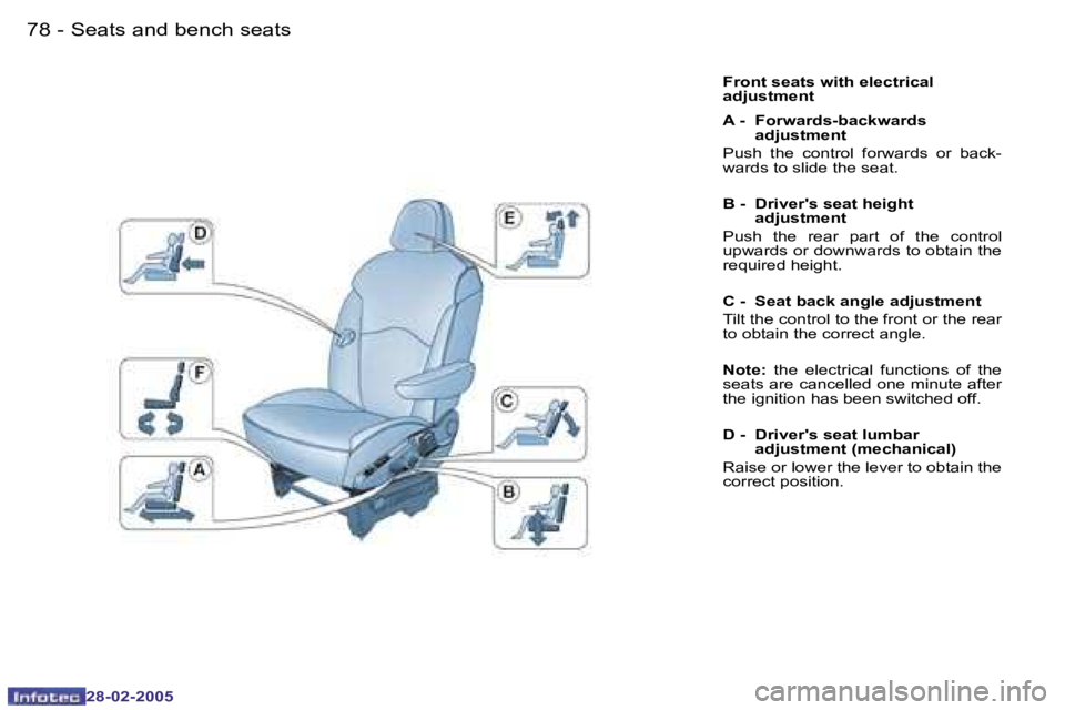 PEUGEOT 807 2005 Manual PDF �7�8 �-
�2�8�-�0�2�-�2�0�0�5
�7�9
�-
�2�8�-�0�2�-�2�0�0�5
�F�r�o�n�t� �s�e�a�t�s� �w�i�t�h� �e�l�e�c�t�r�i�c�a�l�  
�a�d�j�u�s�t�m�e�n�t 
�A� �-�  �F�o�r�w�a�r�d�s�-�b�a�c�k�w�a�r�d�s� 
�a�d�j�u�s�t�m