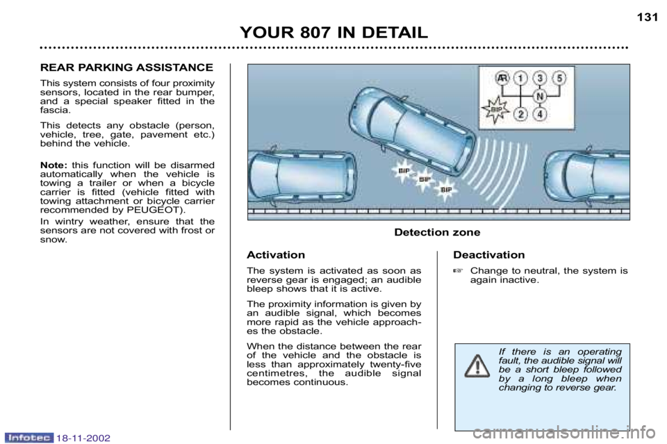 PEUGEOT 807 2002  Owners Manual YOUR 807 IN DETAIL131
REAR PARKING ASSISTANCE 
This system consists of four proximity 
sensors,  located  in  the  rear  bumper,
and  a  special  speaker  fitted  in  the
fascia. 
This  detects  any  