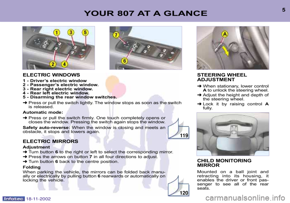 PEUGEOT 807 2002  Owners Manual 18-11-2002
YOUR 807 AT A GLANCE5
ELECTRIC WINDOWS 
1 � Driver’s electric window 
2 � Passenger’s electric window.
3 � Rear right electric window.
4 � Rear left electric window.
5 � Disarming the r