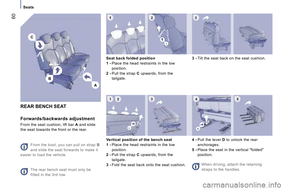 PEUGEOT 807 2007 Workshop Manual �2�3
�1�2�3�4
�A
�C
�B
�D
�5
�c
�c
�S�e�a�t�s
�R�E�A�R� �B�E�N�C�H� �S�E�A�T
�F�o�r�w�a�r�d�s�/�b�a�c�k�w�a�r�d�s� �a�d�j�u�s�t�m�e�n�t
�F�r�o�m� �t�h�e� �s�e�a�t� �c�u�s�h�i�o�n�,� �l�i�f�t� �b�a�r� 
