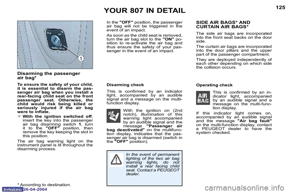 PEUGEOT 807 2004  Owners Manual �1�2�4
�2�6�-�0�4�-�2�0�0�4
�1�2�5
�2�6�-�0�4�-�2�0�0�4
�Y�O�U�R� �8�0�7� �I�N� �D�E�T�A�I�L
�D�i�s�a�r�m�i�n�g� �t�h�e� �p�a�s�s�e�n�g�e�r�  
�a�i�r� �b�a�g�*
�T�o� �e�n�s�u�r�e� �t�h�e� �s�a�f�e�t�y
