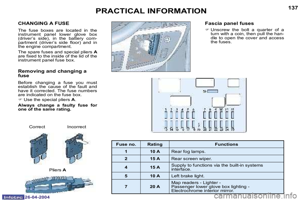 PEUGEOT 807 2004  Owners Manual �1�3�7
�2�6�-�0�4�-�2�0�0�4
�P�R�A�C�T�I�C�A�L� �I�N�F�O�R�M�A�T�I�O�N
�C�H�A�N�G�I�N�G� �A� �F�U�S�E
�T�h�e�  �f�u�s�e�  �b�o�x�e�s�  �a�r�e�  �l�o�c�a�t�e�d�  �i�n�  �t�h�e�  
�i�n�s�t�r�u�m�e�n�t� 