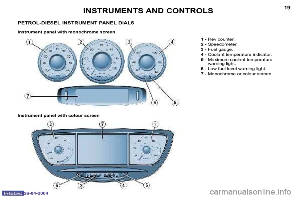 PEUGEOT 807 2004 User Guide �1�8
�2�6�-�0�4�-�2�0�0�4
�1�9
�2�6�-�0�4�-�2�0�0�4
�I�N�S�T�R�U�M�E�N�T�S� �A�N�D� �C�O�N�T�R�O�L�S
�P�E�T�R�O�L�-�D�I�E�S�E�L� �I�N�S�T�R�U�M�E�N�T� �P�A�N�E�L� �D�I�A�L�S
�I�n�s�t�r�u�m�e�n�t� �p�a