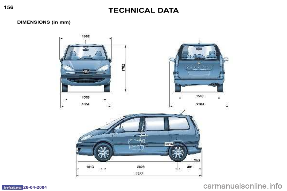 PEUGEOT 807 2004  Owners Manual �1�5�6
�2�6�-�0�4�-�2�0�0�4
�1�5�7
�2�6�-�0�4�-�2�0�0�4
�T�E�C�H�N�I�C�A�L� �D�A�T�A
�D�I�M�E�N�S�I�O�N�S� �(�i�n� �m�m�)�   