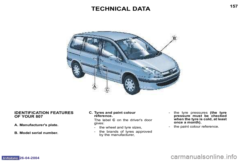 PEUGEOT 807 2004  Owners Manual �1�5�6
�2�6�-�0�4�-�2�0�0�4
�1�5�7
�2�6�-�0�4�-�2�0�0�4
�T�E�C�H�N�I�C�A�L� �D�A�T�A
�C�.�  �T�y�r�e�s� �a�n�d� �p�a�i�n�t� �c�o�l�o�u�r� �r�e�f�e�r�e�n�c�e�.
�  �T�h�e�  �l�a�b�e�l�  �C�  �o�n�  �t�h
