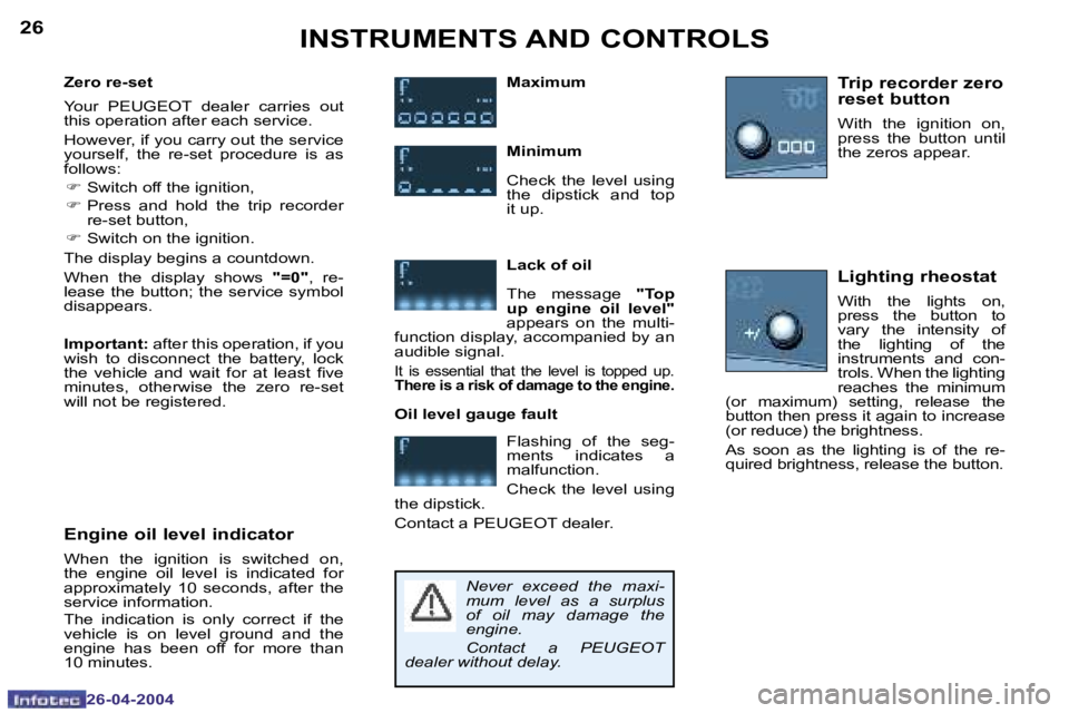 PEUGEOT 807 2004 Owners Manual �2�6
�2�6�-�0�4�-�2�0�0�4
�M�a�x�i�m�u�m�T�r�i�p� �r�e�c�o�r�d�e�r� �z�e�r�o�  
�r�e�s�e�t� �b�u�t�t�o�n
�W�i�t�h�  �t�h�e�  �i�g�n�i�t�i�o�n�  �o�n�,�  
�p�r�e�s�s�  �t�h�e�  �b�u�t�t�o�n�  �u�n�t�i�