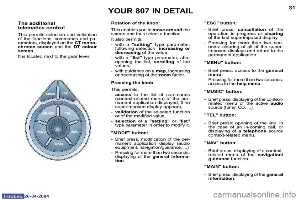 PEUGEOT 807 2004 Owners Manual �3�0
�2�6�-�0�4�-�2�0�0�4
�3�1
�2�6�-�0�4�-�2�0�0�4
�T�h�e� �a�d�d�i�t�i�o�n�a�l 
�t�e�l�e�m�a�t�i�c�s� �c�o�n�t�r�o�l
�T�h�i�s�  �p�e�r�m�i�t�s�  �s�e�l�e�c�t�i�o�n�  �a�n�d�  �v�a�l�i�d�a�t�i�o�n�  