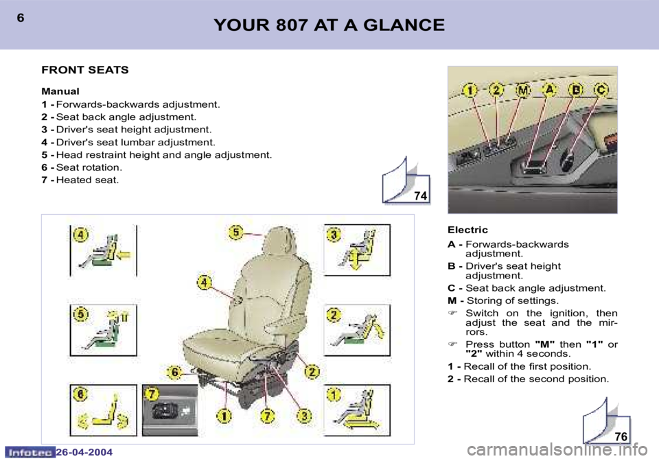 PEUGEOT 807 2004  Owners Manual �7�4
�7�6
�6
�2�6�-�0�4�-�2�0�0�4
�7
�2�6�-�0�4�-�2�0�0�4
�Y�O�U�R� �8�0�7� �A�T� �A� �G�L�A�N�C�E
�F�R�O�N�T� �S�E�A�T�S
�M�a�n�u�a�l�  
�1 � �- � �F�o�r�w�a�r�d�s�-�b�a�c�k�w�a�r�d�s� �a�d�j�u�s�t�m