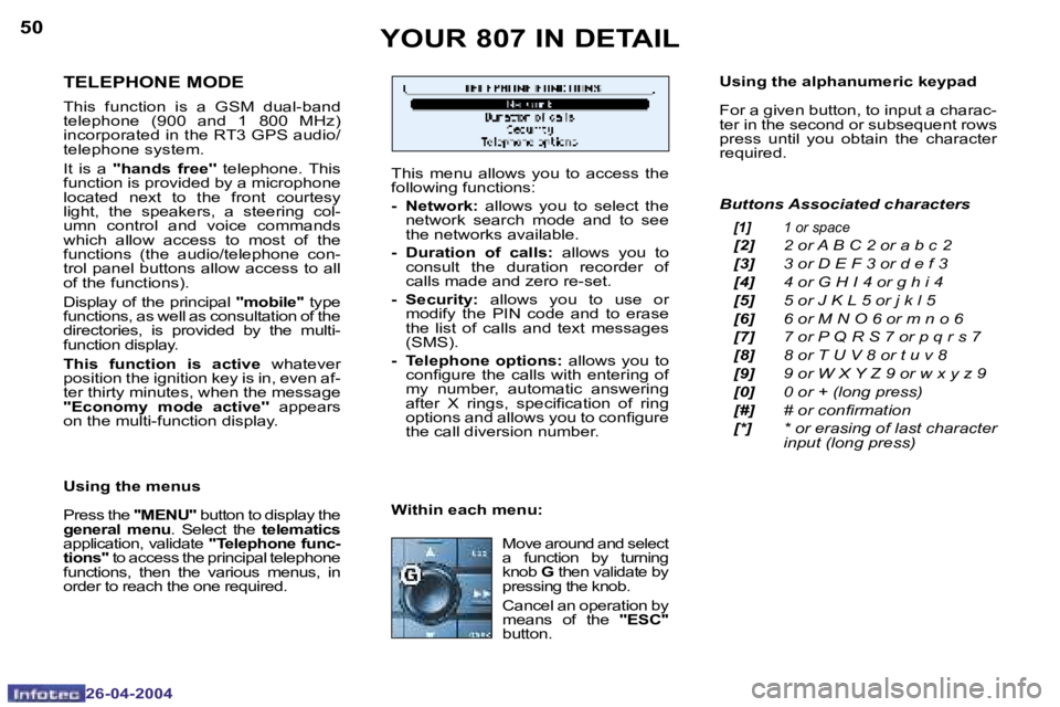 PEUGEOT 807 2004 Service Manual �5�0
�2�6�-�0�4�-�2�0�0�4
�5�1
�2�6�-�0�4�-�2�0�0�4
�Y�O�U�R� �8�0�7� �I�N� �D�E�T�A�I�L
�T�E�L�E�P�H�O�N�E� �M�O�D�E
�T�h�i�s�  �f�u�n�c�t�i�o�n�  �i�s�  �a � �G�S�M�  �d�u�a�l�-�b�a�n�d� 
�t�e�l�e�p