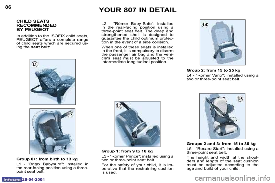 PEUGEOT 807 2004 Manual Online �8�6
�2�6�-�0�4�-�2�0�0�4
�8�7
�2�6�-�0�4�-�2�0�0�4
�C�H�I�L�D� �S�E�A�T�S�  
�R�E�C�O�M�M�E�N�D�E�D
�B�Y� �P�E�U�G�E�O�T
�I�n� �a�d�d�i�t�i�o�n� �t�o� �t�h�e� �I�S�O�F�I�X� �c�h�i�l�d� �s�e�a�t�s�,� 