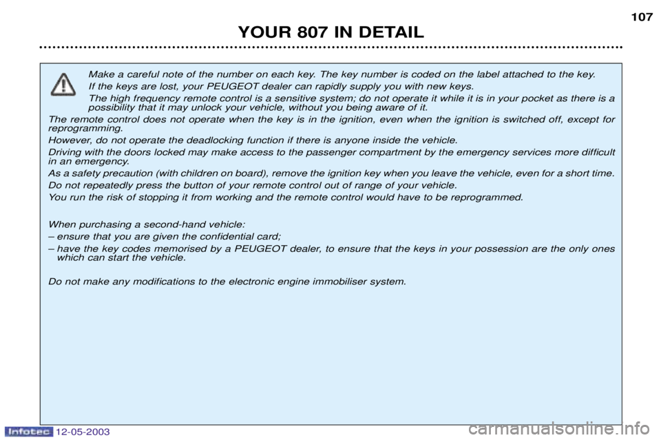 PEUGEOT 807 2003  Owners Manual 
	

	$
Make a careful note of the number on each key. The key number is coded on the label attached to the key. If the keys are lost, your PEUGEOT dealer can rapidly supply y