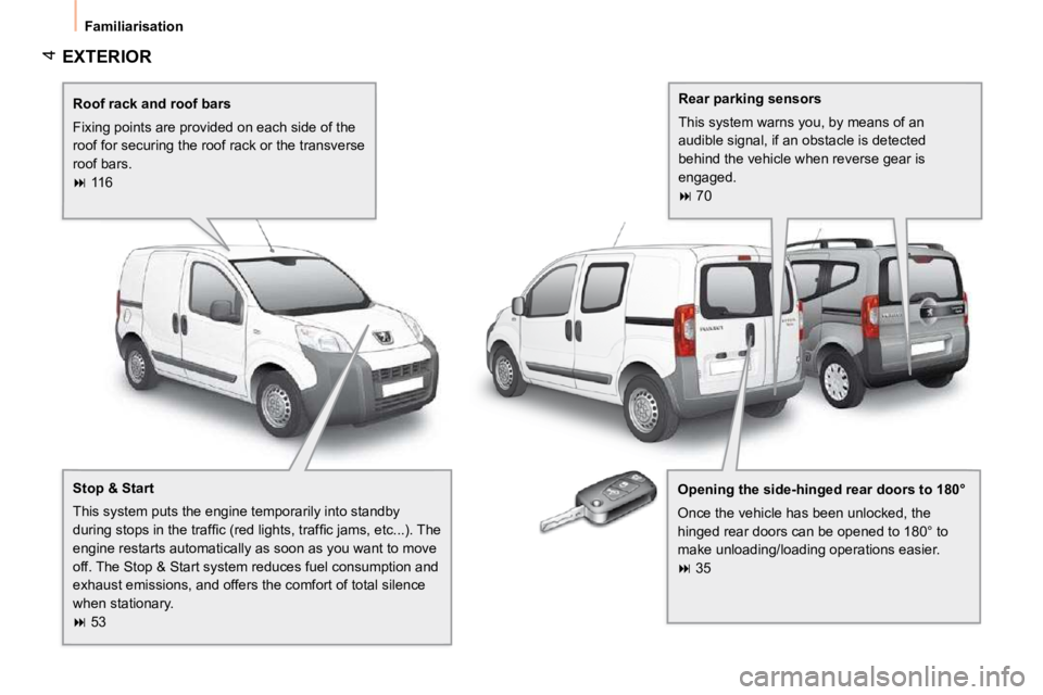 PEUGEOT BIPPER 2010  Owners Manual 4
 Familiarisation 
 EXTERIOR  
  Roof rack and roof bars  
 Fixing points are provided on each side of the  
roof for securing the roof rack or the transverse 
roof bars. 
   
�   116   
  Opening
