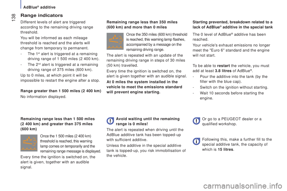 PEUGEOT BOXER 2015 Owners Manual 138
range indicators
Different levels of alert are triggered
according to the remaining driving range
threshold.
You will be informed as each mileage
threshold is reached and the alerts will
chan PEUGEOT BOXER 2015 Owners Manual 138
range indicators
Different levels of alert are triggered
according to the remaining driving range
threshold.
You will be informed as each mileage
threshold is reached and the alerts will
chan