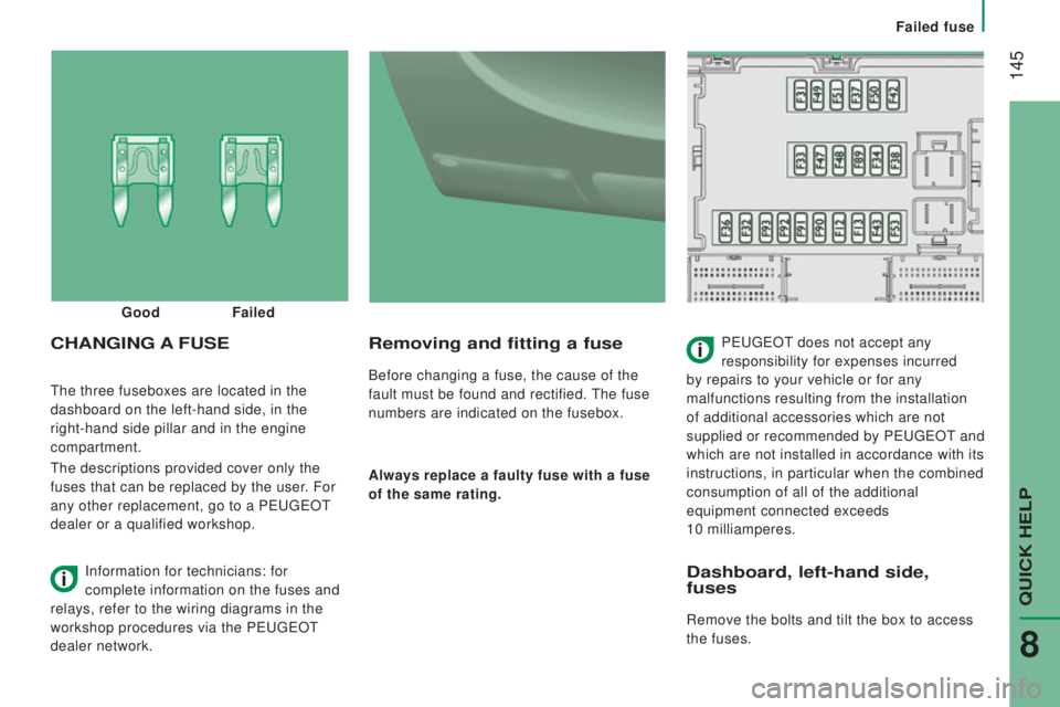 PEUGEOT BOXER 2015  Owners Manual  145
the three fuseboxes are located in the 
dashboard on the left-hand side, in the 
right-hand side pillar and in the engine
 
compartment.
the descriptions provided cover only the

 
fuses that can