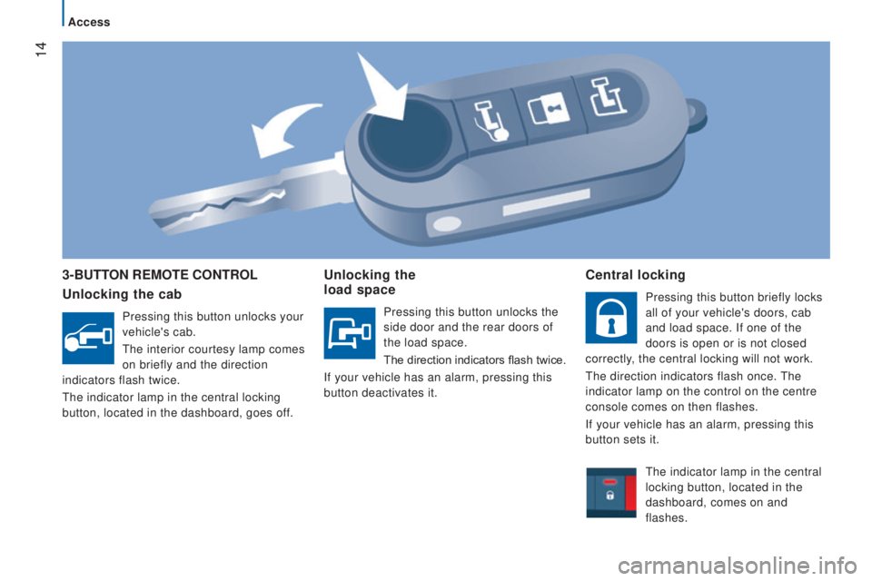 PEUGEOT BOXER 2015 User Guide 14
3-Button rEMotE controL
u
nlocking the cab
Pressing this button unlocks your
vehicle's cab.
the interior courtesy lamp comes
on briefly and the direction
indicators flash twice.
the indic PEUGEOT BOXER 2015 User Guide 14
3-Button rEMotE controL
u
nlocking the cab
Pressing this button unlocks your
vehicle's cab.
the interior courtesy lamp comes
on briefly and the direction
indicators flash twice.
the indic