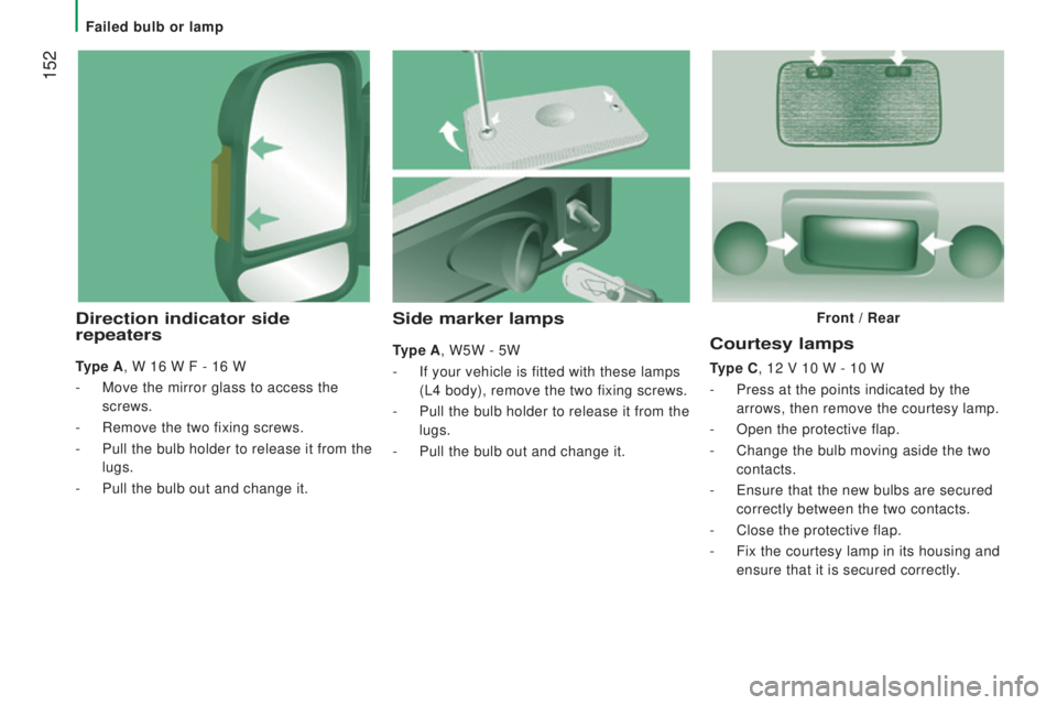PEUGEOT BOXER 2015 Owners Manual 152
courtesy lamps
type c, 12 V 10 W - 10 W
-
Press at the points indicated by the
arrows, then remove the courtesy lamp.
-
Open the protective flap.
-
Change the bulb moving aside the two
conta PEUGEOT BOXER 2015 Owners Manual 152
courtesy lamps
type c, 12 V 10 W - 10 W
-
Press at the points indicated by the
arrows, then remove the courtesy lamp.
-
Open the protective flap.
-
Change the bulb moving aside the two
conta