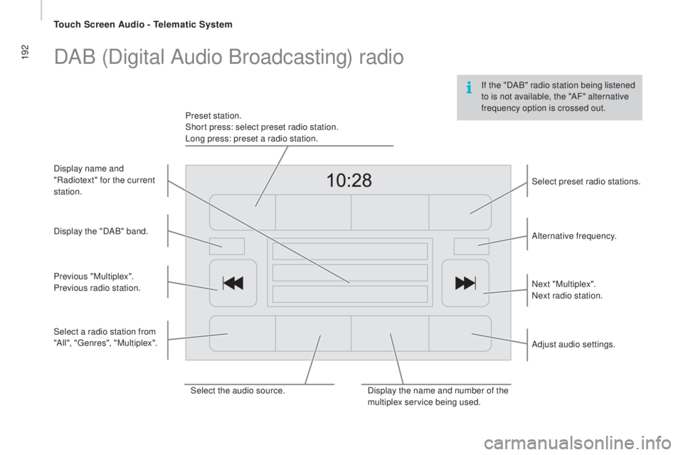 PEUGEOT BOXER 2015  Owners Manual 192
If the "DAB" radio station being listened 
to is not available, the "AF" alternative 
frequency option is crossed out.
DAB (Digital Audio Broadcasting) radio
Select the audio sourc