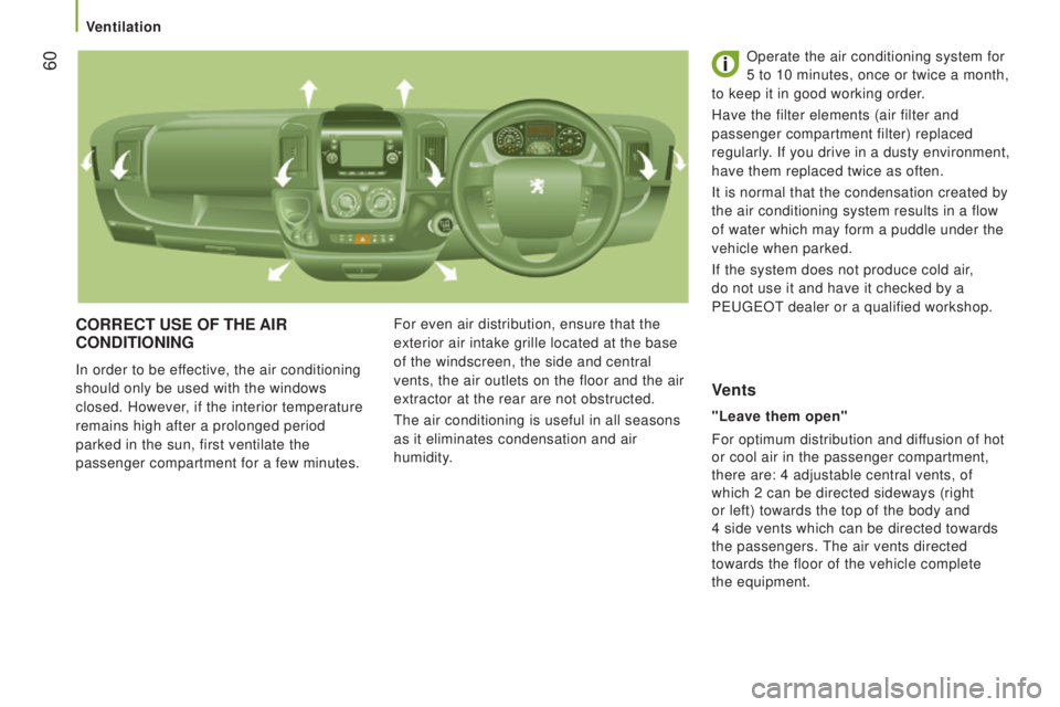 PEUGEOT BOXER 2015 Repair Manual 60
corrEct uSE oF tHE AIr
condItIonInG
In order to be effective, the air conditioning
should only be used with the windows
closed. However, if the interior temperature
remains high after a prolon PEUGEOT BOXER 2015 Repair Manual 60
corrEct uSE oF tHE AIr
condItIonInG
In order to be effective, the air conditioning
should only be used with the windows
closed. However, if the interior temperature
remains high after a prolon