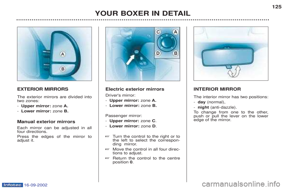PEUGEOT BOXER 2002 Owners Manual 16-09-2002
YOUR BOXER IN DETAIL125
EXTERIOR MIRRORS The exterior mirrors are divided into two zones: -
Upper mirror: zoneA.
- Lower mirror: zoneB.
Manual exterior mirrors Each mirror can be adjuste PEUGEOT BOXER 2002 Owners Manual 16-09-2002
YOUR BOXER IN DETAIL125
EXTERIOR MIRRORS The exterior mirrors are divided into two zones: -
Upper mirror: zoneA.
- Lower mirror: zoneB.
Manual exterior mirrors Each mirror can be adjuste