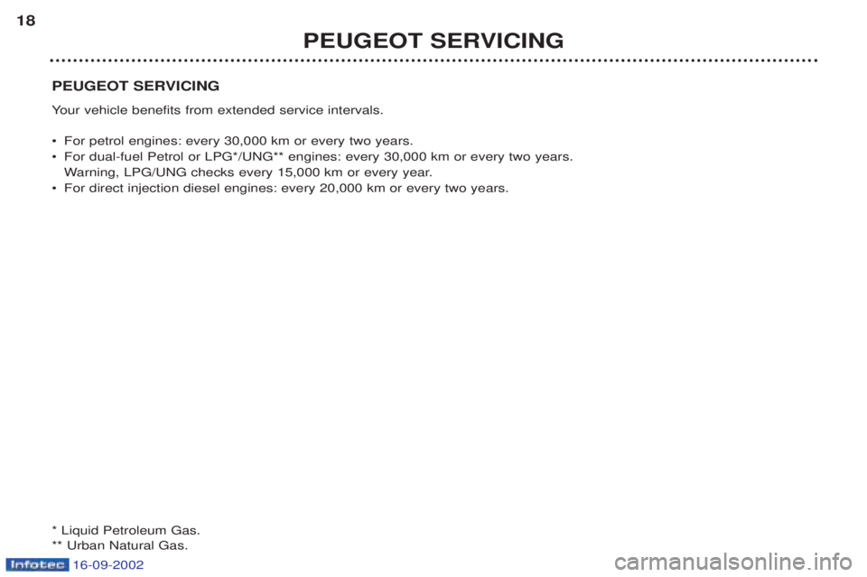 PEUGEOT BOXER 2002 Owners Manual 16-09-2002
PEUGEOT SERVICING Your vehicle benefits from extended service intervals.
¥ For petrol engines: every 30,000 km or every two years.
¥ For dual-fuel Petrol or LPG*/UNG** engines: every 30, PEUGEOT BOXER 2002 Owners Manual 16-09-2002
PEUGEOT SERVICING Your vehicle benefits from extended service intervals.
¥ For petrol engines: every 30,000 km or every two years.
¥ For dual-fuel Petrol or LPG*/UNG** engines: every 30,